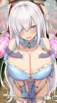 1girl @_@ aqua_eyes ars_almal blush breasts cleavage cum cum_on_body cum_on_breasts disembodied_penis fatetan gloves grey_hair hair_between_eyes highres huge_breasts long_hair magic magic_circle midriff navel nijisanji open_mouth penis solo thighhighs translation_request very_long_hair virtual_youtuber wand white_thighhighs 