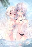  2girls :d amedamacon bikini bikini_top_lift bikini_under_clothes black_bikini blue_sky blush braid braided_bangs breasts choker clothes_lift cloud cloudy_sky comiket_102 commentary_request day grey_hair groin hair_ornament hairclip heart heart_hair_ornament jacket looking_at_viewer low_twintails medium_breasts multiple_girls nipples off_shoulder open_clothes open_jacket original outdoors parted_lips sky small_breasts smile swimsuit twintails wading water white_bikini white_choker white_hair white_jacket 
