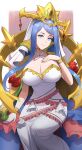  1girl absurdres blue_eyes blue_hair breasts cape crown dress fire_emblem fire_emblem_engage flower hand_on_own_chest headdress highres large_breasts long_hair looking_at_viewer lumera_(fire_emblem) red_flower shou_illust sitting smile solo white_dress wide_hips yellow_cape 
