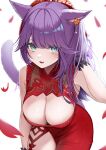  1girl absurdres animal_ears bare_shoulders blue_eyes breasts cat_ears cat_girl cat_tail cleavage commission dress facial_mark final_fantasy final_fantasy_xiv highres large_breasts leaning_forward long_hair miqo&#039;te open_mouth original petals purple_hair red_dress shhilee simple_background skeb_commission sleeveless sleeveless_dress smile solo tail whisker_markings white_background 