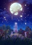  1girl absurdres animal back_bow bow breaking cloud crack dress from_behind grass highres holding holding_animal ilstau long_hair moon night original rabbit scenery shooting_star sky solo standing star_(sky) starry_sky tree white_dress white_hair 