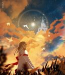  1girl artist_name bird bow castle cloud dress dress_bow english_commentary long_hair night night_sky original outdoors red_bow reinforced sky solo star_(sky) starry_sky white_dress 