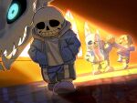  1boy 1other black_hair black_shorts blue_jacket chara_(undertale) gasterblaster glowing glowing_eye hood hood_down hooded_jacket jacket korokor59513559 male_focus open_clothes open_jacket open_mouth reflective_floor sans shirt short_hair shorts skeleton slippers smile teeth twitter_username undertale white_shirt window 