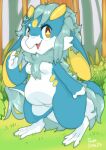  absurd_res anthro blue_body blue_fur blush breasts brown_eyes detailed_background digital_media_(artwork) double_slime female fur furred_kobold hair hi_res horn kobold lemon_(double_slime) looking_at_viewer mane markings nude paws reptile scalie smile solo tail white_body yellow_markings 