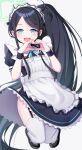  1girl :d apron aris_(blue_archive) aris_(maid)_(blue_archive) black_dress black_footwear black_hair blue_archive blue_bow blue_eyes blush bow collared_dress commentary_request dress frilled_apron frills garter_straps grey_background halo hands_up heart heart_hands highres long_hair looking_at_viewer maid maid_apron nenosame puffy_short_sleeves puffy_sleeves shoes short_sleeves side_ponytail simple_background smile solo thighhighs very_long_hair white_apron white_thighhighs wrist_cuffs 