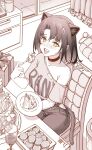  1girl absurdres animal_ears arknights breasts cake cake_slice cat_ears cat_girl cat_tail chair choker collarbone commentary dollllls2 drawer food fork glass greyscale highres holding holding_fork holding_plate mandragora_(arknights) medium_breasts monochrome off-shoulder_shirt off_shoulder pants plate sepia shirt side_slit sitting solo spot_color tail yellow_eyes 