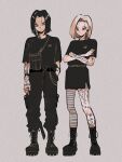  1boy 1girl android_17 android_18 arm_tattoo black_footwear black_hair black_pants blue_hair boots brother_and_sister dragon_ball dragon_ball_z earrings gothic hand_in_pocket highres jewelry lumlum_0_1 pants short_hair siblings simple_background standing tattoo 