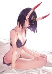  1girl absurdres bare_shoulders bob_cut bra breasts collarbone eyeliner fate/grand_order fate_(series) headpiece highres horns looking_at_viewer makeup navel oni oni_horns panties purple_bra purple_eyes purple_hair purple_panties raywallin short_hair shuten_douji_(fate) sitting skin-covered_horns small_breasts smile solo thighs underwear 