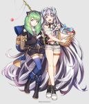  2girls absurdres artist_name bare_shoulders basket black_hair boots commission drill_hair feather_hair_ornament feathers fire_emblem fire_emblem:_three_houses fire_emblem_engage fire_emblem_heroes fish fishing_rod flayn_(fire_emblem) full_body green_eyes green_hair grey_hair hair_ornament highres holding holding_basket long_hair long_sleeves looking_at_viewer multicolored_hair multiple_girls open_mouth petite pixiv_commission purple_eyes shorts silvercandy_gum simple_background smile thigh_strap thighhighs two-tone_hair very_long_hair veyle_(fire_emblem) 