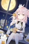  1girl absurdres ace_taffy brown_hair full_moon highres holding medium_hair moon mooncake night original pink_hair rabbit sitting solo virtual_youtuber yuka_aaaaaa 