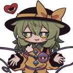  1girl =3 black_eyes black_headwear blush bright_pupils buttons collar collared_shirt diamond_(shape) diamond_button frilled_shirt frilled_shirt_collar frilled_sleeves frills green_collar green_eyes green_hair green_skirt hair_between_eyes hands_up hat hat_ornament hat_ribbon heart jaggy_lines jitome komeiji_koishi long_hair long_sleeves looking_at_viewer open_mouth red_eyes ribbon shirt sigh simple_background skirt sleeves_past_wrists smile smug solo third_eye touhou white_background white_pupils yellow_ribbon yellow_shirt zunusama 