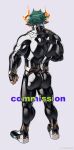  1boy absurdres animal_ears ass bara bodysuit commission_watermark cow_boy cow_ears detached_horns from_behind full_body gloves green_hair highres latex latex_bodysuit male_focus muscular muscular_male original poten_(tenkuyaki) puper_(oc) solo thick_thighs thighs tight_clothes 