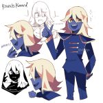  1boy blue_pants blue_skin ciiel closed_eyes colored_skin deltarune english_text open_mouth pants rouxls_kaard surprised teeth undertale uniform white_hair 