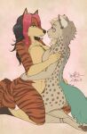  2023 anthro black_hair blokfort blonde_hair blue_eyes brown_body brown_fur canid canine canis chai_(spicychaikitten) cheetah coyote duo embrace felid feline female female/female fur green_body green_eyes green_fur hair hi_res highlights_(coloring) hug hybrid king_cheetah kneeling mammal mane markings orange_body orange_fur pantherine paws sienna_(vulpinehero) simple_background sitting spots stripes tiger 