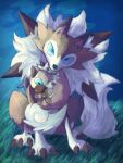  7_phi_3 animal_focus blue_eyes brown_fur commentary_request evolutionary_line highres horizon looking_at_viewer lycanroc night night_sky no_humans on_grass pokemon pokemon_(creature) rockruff sky spikes white_fur wolf 