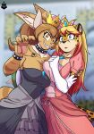  2019 anthro armwear big_breasts biped blue_eyes blurred_background bowser bowsette_meme bracelet breasts cheetah claw_pose clothed clothing collar crown dress duo elbow_gloves felid feline female fully_clothed gloves handwear headgear jewelry kirumo-kat lagomorph lana_(heellana) leporid looking_at_viewer mammal mario_bros meme nintendo open_mouth pose princess_peach rabbit spiked_bracelet spiked_collar spikes super_crown white_armwear white_clothing white_elbow_gloves white_gloves white_handwear zarry_dawn_takayama 