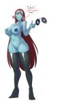  anarchy_puppet big_breasts breast_grab breasts cuff_(restraint) female fuzzy_handcuffs hair hand_on_breast handcuffs hi_res long_hair lustful_gaze metal_cuffs nipple_piercing nipples piercing red_eyes red_hair restraints smile solo speech_bubble spinning_handcuffs undyne_(swapfell) 