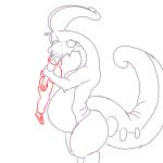  ambiguous_gender anthro belly big_belly bodily_fluids cheek_bulge clothed clothing duo generation_6_pokemon goodra half-closed_eyes likasomboody narrowed_eyes neck_bulge nintendo pokemon pokemon_(species) saliva size_difference_vore vore 
