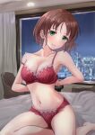  1girl bed blush bra brown_hair chair cityscape commentary_request commission cyde green_eyes harada_miyo highres hotel_room idolmaster idolmaster_cinderella_girls light_smile lingerie naughty_face night night_sky on_bed open_window panties red_bra red_panties removing_bra sitting skeb_commission sky strap_slip table thighs underwear underwear_only wariza window 