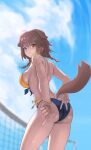  1girl :3 absurdres animal_ears ass beach_volleyball bikini bone_hair_ornament braid breasts brown_hair cloud dog_ears dog_girl dog_tail failose hair_ornament hand_gesture highres hololive inugami_korone large_breasts looking_at_viewer looking_back smile solo swimsuit tail twin_braids virtual_youtuber volleyball_net 