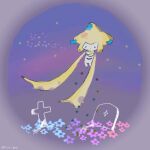  ._. 1other artist_name black_eyes blue_flower closed_mouth colored_skin commentary_request cross crossed_arms dot_mouth floating flower full_body holding holding_flower jirachi latin_cross nagi_(pixiv_38989908) night other_focus outdoors pink_flower pokemon pokemon_(creature) purple_flower purple_sky red_flower signature sketch solo star_(symbol) tombstone twitter_username white_skin yellow_flower 