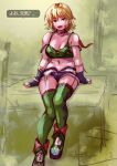  1girl annie_(saga_frontier) blonde_hair breasts cleavage fingerless_gloves foot_out_of_frame gloves green_eyes hanemikakko looking_at_viewer navel saga saga_frontier short_hair short_shorts shorts smile solo thighhighs 