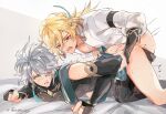  2boys alhaitham_(genshin_impact) anal aqua_eyes aqua_hair bed blonde_hair blue_feathers blush brown_hair clothed_sex crying crying_with_eyes_open earrings feather_hair_ornament feathers genshin_impact grey_hair hair_ornament highres jewelry kaveh_(genshin_impact) long_sleeves looking_at_another looking_back lying male_focus multicolored_hair multiple_boys red_eyes shirt short_hair tears treetree233 twitter_username white_shirt yaoi 