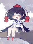  1girl :d black_hair black_skirt black_wings blush chahan_(fried_rice0614) chibi closed_eyes collared_shirt commentary_request frilled_skirt frilled_socks frills full_body geta hat highres in_tree leaf neck_ribbon open_mouth pointy_ears pom_pom_(clothes) puffy_short_sleeves puffy_sleeves red_footwear red_headwear ribbon shameimaru_aya shirt shoes short_hair short_sleeves simple_background sitting sitting_in_tree skirt smile socks solo sweat sweatdrop tengu-geta tokin_hat tongue touhou tree white_background white_shirt wings 