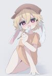  1girl animal_ears blonde_hair brown_headwear commentary_request dango floppy_ears food full_body grey_background hand_on_ground heart heart-shaped_pupils highres holding licking looking_at_viewer mr.turtle_head one-hour_drawing_challenge orange_shirt rabbit_ears rabbit_girl red_eyes ringo_(touhou) shirt short_hair short_sleeves smile solo symbol-shaped_pupils t-shirt tongue tongue_out touhou wagashi 
