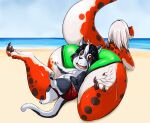 2016 anthro beach bikini bikini_bottom butt chest_tuft claws clothing dinosaur domestic_cat duo fangs felid feline felis female fur hair hi_res looking_at_viewer lying lying_on_butt male mammal on_back on_front open_mouth outside paws raised_tail rear_view reptile sand scales scalie sea seaside shenzel shenzel_(shenzel) size_difference smile smiling_at_viewer swimming_trunks swimwear tail teeth theropod toe_claws trinity_(shenzel) tuft tyrannosaurid tyrannosaurus tyrannosaurus_rex water wide_eyed 