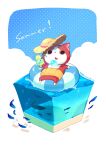  afloat blue_sky cat cloud cocktail cocktail_glass commentary_request cup day drinking_glass fish food fruit full_body haramaki hat highres holding holding_cup innertube isometric jibanyan lemon lemon_slice looking_to_the_side lying nao_(naosuk115) no_humans notched_ear on_back open_mouth outdoors sky solo straw_hat summer traditional_youkai water youkai_watch 