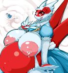  2023 accessory anthro anus areola background_character belly big_areola big_belly big_breasts blue_body blue_clothing blue_dress blush bodily_fluids breasts claws clothing dragon dress ellipsis eyelashes facial_markings female finger_claws flower flower_in_hair frilly frilly_clothing fur furred_dragon generation_3_pokemon gesture hair hair_accessory head_markings head_tuft hi_res huge_belly huge_breasts hurikata lactating latias latios legendary_pokemon markings nintendo nipples open_mouth pink_areola pink_nipples pixie_(koolish) plant pokemon pokemon_(species) pregnant red_eyes red_markings rose_(flower) solo tuft v_sign white_body white_fur wings x_anus 