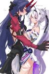  2girls :d absurdres ahoge bare_shoulders blue_eyes dress gauntlets gloves grin highres honkai_(series) honkai_impact_3rd horns kiana_kaslana kiana_kaslana_(herrscher_of_finality) long_hair moonsun77773 multiple_girls ponytail purple_eyes purple_gloves purple_hair raiden_mei raiden_mei_(herrscher_of_thunder) simple_background sketch smile teeth very_long_hair white_background white_dress white_hair yuri 