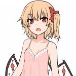  1girl :o bare_arms bare_shoulders blonde_hair bow breasts chemise collarbone commentary flandre_scarlet hair_bow looking_at_viewer medium_hair miyo_(ranthath) open_mouth pink_chemise red_bow red_eyes side_ponytail simple_background small_breasts solo touhou white_background wings 