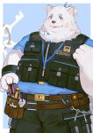  anthro bandage_on_face belt blep blue_eyes blush canid canine canis clothing domestic_dog fur guantoubaobao hi_res jewelry key keyring lifewonders live_a_hero male mammal necklace nordic_sled_dog overweight pouch_(clothing) samoyed screwdriver solo spitz tongue tongue_out tool_belt tools topknot topwear vest white_body white_fur yohack 