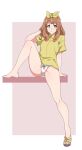  1girl arm_support bare_legs barefoot border bow brown_hair collared_shirt commentary eyelashes feet frown full_body grey_eyes hair_bow hand_up hibike!_euphonium highres knee_up lace-trimmed_panties lace_trim legs long_hair no_pants panties pink_background sandals sbel02 shirt short_sleeves sidelocks single_sandal sitting solo symbol-only_commentary thighs toenails toes underwear white_border white_panties yellow_bow yellow_shirt yoshikawa_yuuko 