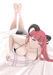  1girl absurdres ass bikini black_bikini blush breasts feet_up fingernails highres horns huge_breasts looking_at_viewer lying mismatched_pupils nail_polish on_stomach original red_hair sheep_horns smile soles solo string_bikini swimsuit tnr_(horiko1525) 