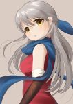  1girl :o bad_dobbyyyyy bare_shoulders black_gloves blue_scarf dress elbow_gloves fire_emblem fire_emblem:_radiant_dawn gloves grey_background grey_hair hair_ribbon half_updo highres jewelry long_hair looking_at_viewer looking_back micaiah_(fire_emblem) ribbon scarf simple_background sleeveless sleeveless_dress solo yellow_eyes 