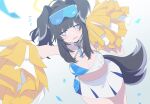  1girl animal_ears black_hair blue_archive blush breasts bright_pupils cheerleader cleavage dog_ears dog_girl dog_tail eyewear_on_head grey_eyes halo hibiki_(blue_archive) hibiki_(cheer_squad)_(blue_archive) highres large_breasts long_hair midriff millennium_cheerleader_outfit_(blue_archive) mzh official_alternate_costume pleated_skirt pom_pom_(cheerleading) ponytail simple_background skirt solo star_(symbol) sticker_on_face tail white_pupils 