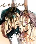  2boys beard_stubble black_hair blue_eyes close-up coffee coffee_beans collarbone dirty dirty_face dripping earrings english_text food_in_mouth glasses glowing glowing_eyes grey_hair hair_between_eyes holostars holostars_english jewelry josuiji_shinri liquid long_hair looking_to_the_side multiple_boys noir_vesper one_eye_covered purple_eyes rupin_02 sugar_cube tea topless_male virtual_youtuber white_background 
