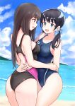 2girls :d arched_back ass asymmetrical_docking back back_cutout beach black_hair black_one-piece_swimsuit blue_eyes blue_one-piece_swimsuit blunt_bangs blush breast_press breasts brown_hair clothing_cutout collarbone commentary_request competition_swimsuit cowboy_shot day eye_contact face-to-face groin hand_on_another&#039;s_waist highleg highleg_swimsuit highres horizon hug long_hair looking_at_another medium_breasts mountainous_horizon multiple_girls nobita_(nbnobita) ocean one-piece_swimsuit open_mouth original outdoors profile purple_eyes small_breasts smile standing swimsuit twintails waves yuri 