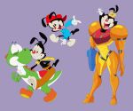  absurd_res animaniacs anthro armor barefoot clothing cosplay crossover crossover_cosplay dot_warner eye_contact feet female footwear gloves group handwear hi_res inkblot looking_at_another male mario_bros metroid nintendo open_mouth samus_aran scalie scottforester17 shoes sibling_(lore) wakko_warner warner_brothers yakko_warner yoshi 