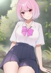  1girl black_skirt blush bow bowtie closed_mouth collarbone collared_shirt commentary_request gridman_universe hair_between_eyes head_tilt highres leaf looking_at_viewer natsu12113 pink_bow pink_bowtie pink_hair pleated_skirt shinjou_akane shirt short_hair short_sleeves sitting skirt smile solo ssss.gridman thighs white_shirt 