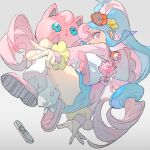  1girl bag_charm baofandxy blue_eyes blue_hair blue_skirt charm_(object) colored_eyelashes curly_hair fairy_miku_(project_voltage) flower from_below full_body grey_background hair_flower hair_ornament hatsune_miku highres jigglypuff long_hair long_sleeves looking_at_viewer loose_socks miniskirt multicolored_hair pink_footwear pink_hair pink_sweater pokemon pokemon_(creature) project_voltage red_flower scrunchie shoe_soles shoes sidelocks sitting skirt socks sweater twintails two-tone_hair very_long_hair vocaloid white_bag white_socks wrist_scrunchie yellow_flower yellow_scrunchie 
