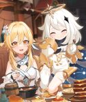  2girls black_scarf blonde_hair blurry blurry_background breasts chicken_(food) closed_eyes detached_sleeves dress flower food genshin_impact grey_hair hair_flower hair_ornament halo hand_on_own_cheek hand_on_own_face highres holding holding_spoon kiukoma long_hair lumine_(genshin_impact) mechanical_halo multiple_girls open_mouth paimon_(genshin_impact) pancake pancake_stack scarf short_hair_with_long_locks single_thighhigh sleeveless sleeveless_dress spoon thighhighs white_dress white_flower white_footwear white_thighhighs yellow_eyes 