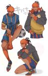  1boy absurdres ball brown_hair character_name closed_mouth collared_shirt commentary_request dark-skinned_male dark_skin earrings hand_up headband highres hood hood_down hoodie jewelry long_sleeves male_focus multiple_views nachos_(chos_na) orange_headband orange_socks pokemon pokemon_(game) pokemon_swsh raihan_(pokemon) shirt shoes short_hair short_sleeves shorts side_slit side_slit_shorts smile soccer_ball socks white_background 