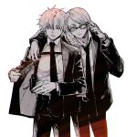  2boys black_nails black_necktie black_pants black_suit blonde_hair braid daybit_sem_void fate/grand_order fate_(series) formal french_braid gun hand_on_another&#039;s_shoulder holster jewelry long_hair looking_at_viewer looking_over_eyewear male_focus multiple_boys necktie nobicco open_clothes pants ring shirt short_hair side_braid simple_background strap suit sunglasses sunlight tezcatlipoca_(fate) watch weapon white_background white_shirt wristwatch 