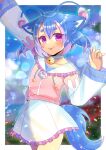  1girl :p animal_ear_fluff animal_ears antenna_hair arm_up bell blue_hair blue_sky blurry blurry_background choker cloud collarbone commentary_request commission day depth_of_field drawstring frilled_skirt frills hair_between_eyes hand_up indie_virtual_youtuber jacket jingle_bell kou_hiyoyo little_nii long_sleeves looking_at_viewer multicolored_hair neck_bell pink_hair pink_jacket purple_eyes short_eyebrows short_twintails skeb_commission skirt sky solo star_(symbol) streaked_hair thick_eyebrows tongue tongue_out twintails virtual_youtuber white_choker white_skirt wide_sleeves 