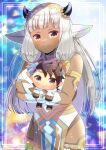  1girl animal_ear_fluff animal_ears ash_(fire_emblem) bare_shoulders blurry blurry_background breasts brown_eyes character_doll character_request closed_mouth commentary_request commission dark-skinned_female dark_skin depth_of_field dress fire_emblem fire_emblem_heroes grey_hair horns hugging_doll hugging_object kou_hiyoyo large_breasts long_hair pelvic_curtain skeb_commission smile solo standing very_long_hair white_dress 