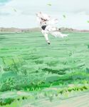  1girl animal_ears arms_up black_eyes black_hair blue_sky blush center_frills cloud cloudy_sky colored_tips commentary_request day falling_leaves field frills fur_skirt grass hair_between_eyes kemono_friends leaf long_sleeves looking_at_viewer midair mountainous_horizon multicolored_hair no_pupils open_mouth outdoors pantyhose pero_(sabuaka_bacon) puffy_long_sleeves puffy_sleeves shirt shoes short_hair sky solo southern_tamandua_(kemono_friends) suspenders tamandua_ears tamandua_tail underbust white_footwear white_hair white_pantyhose white_shirt wide_shot 